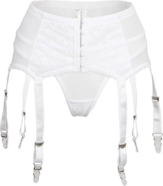 ohyeah Plus Size High Waist Garter Belt Set Lace Mesh Suspender Belt with 6 Vintage Metal Clip for Stockings (Medium-Large, White)