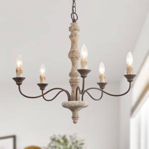 LALUZ 5-Light Farmhouse French Country Chandelier, 23'' Rustic Distressed Wood Chandeliers Light Fixture for Dining Room, Living Room, Bedroom, Foyer