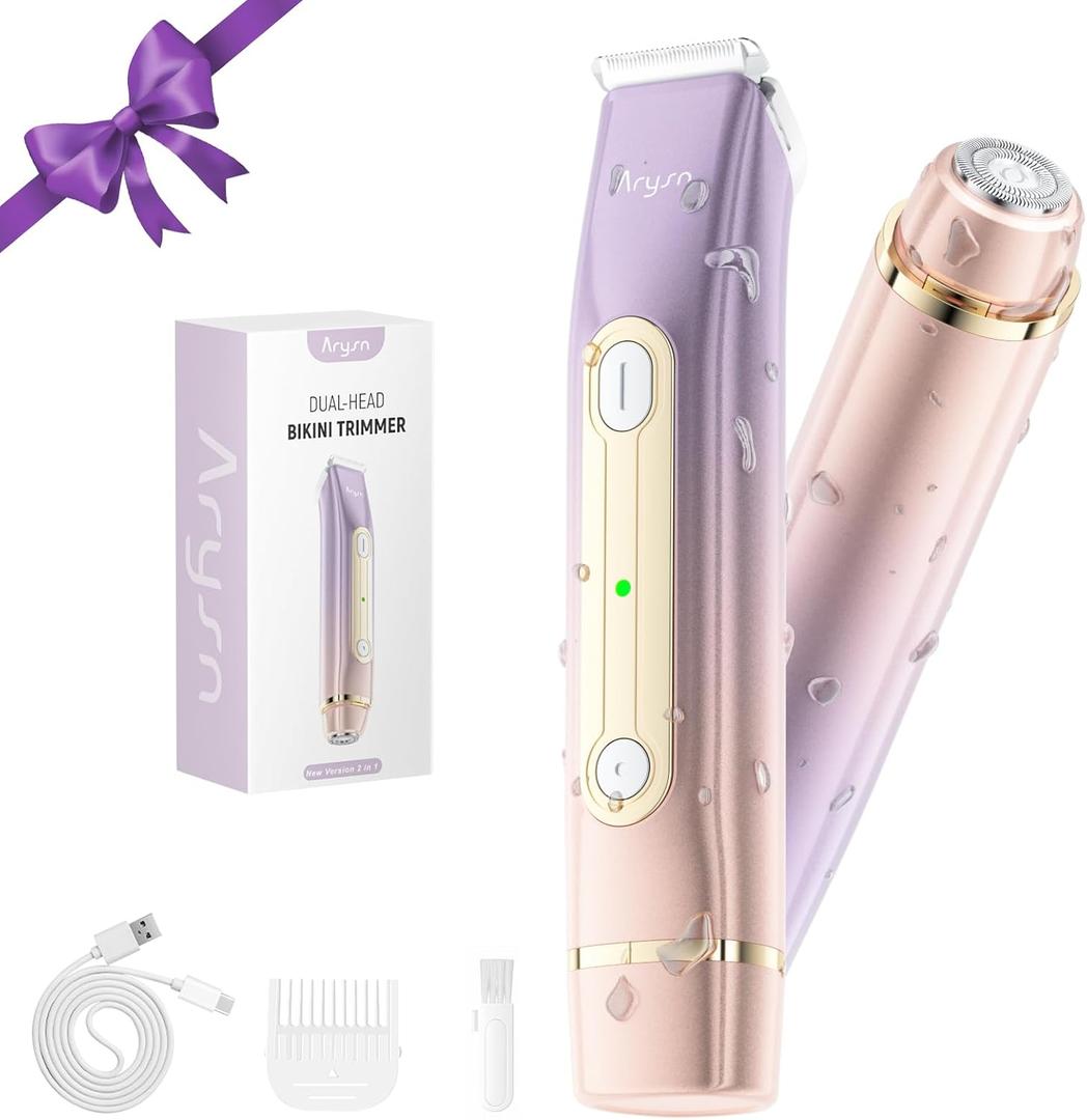 Bikini Trimmer for Women, 2 in 1 Dual Head Rechargeable Electric Shaver, Painless Pubic Hair Trimmer for Underarm Leg Arm Body Face IPX7 Waterproof & Travel-Friendly, ElegantPurple