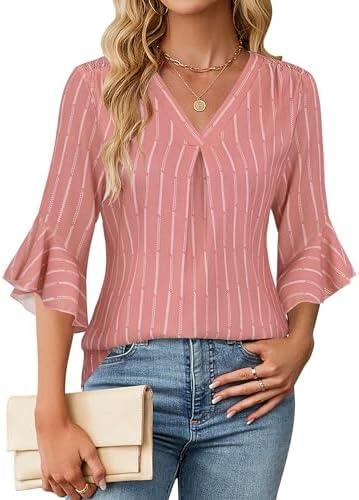 Blooming Jelly Womens 3/4 Length Sleeve Tops Summer Dressy Business Casual Blouses Work Shirts Chiffon V Neck Outfits 2025 Size M