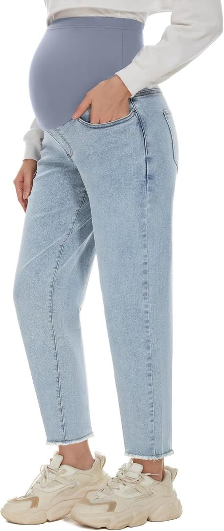 POSHGLAM Women's Maternity Boyfriend Jeans Over Belly Stretch Comfy Loose Casual Denim Pants with Pockets for Everyday Wear (Blue, L)