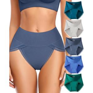 UMMISS Cotton Underwear for Womens High Waisted Slight Tummy Control High Cut Panties Full Coverage Ladies Briefs 5 Pack