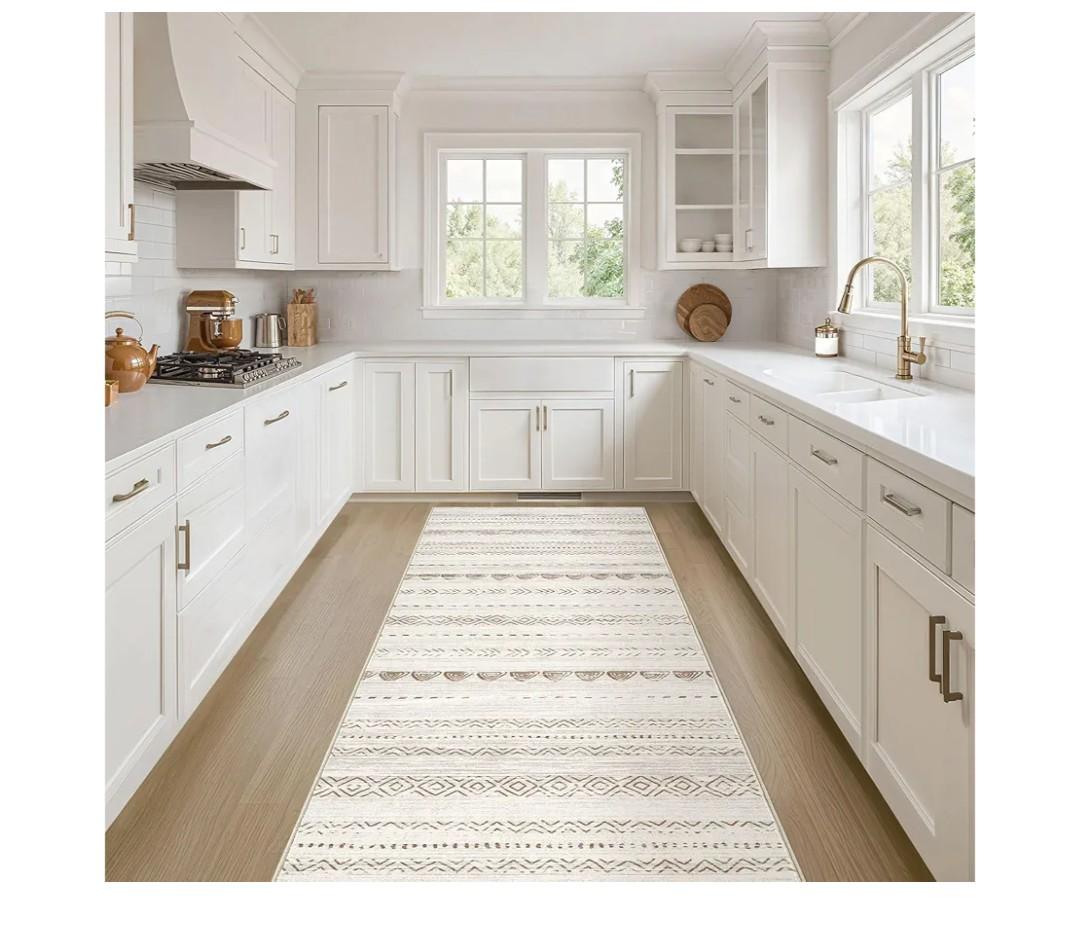 Nakagishi Runner Rug Kitchen Washable Rugs: 2x6 Non-Slip Boho Soft Modern Stain Resistant Indoor Floor Neutral Farmhouse Throw Carpet for Hallway Bathroom Laundry Room Entryway Bedroom- Beige