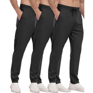 3 Pack Mens Athletic Sweatpants with Zipper Pockets,Workout Gym Joggers Pants for Men Running Jogging Pants (Black, L)