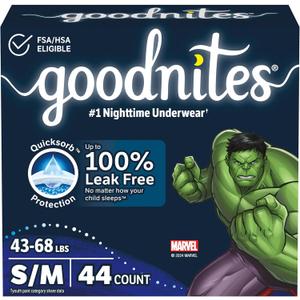 Goodnites Boys' Nighttime Bedwetting Underwear, Size S/M (43-68 lbs), 44 Ct (2 Packs of 22), Packaging May Vary