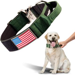 Tactical Dog Collar - Adjustable Military Training Nylon Dog Collar with Handle and Heavy Duty Metal Buckle for Medium and Large Dogs, with luminousPatches (M(15"-19"), Green)