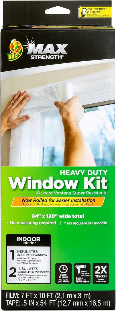 Duck MAX Strength Window Insulation Kit, Winter Window Seal Kit Fits Patio Doors & Large Windows, Heavy Duty Shrink Film Insulator, Indoor Installation, Window Tape Included, 84" x 120", Clear, 1 Pack