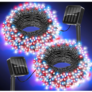 Red White and Blue Lights Solar String Lights Outdoor Waterproof for 4th of July Decorations and Memorial Day Decorations, Total 100LED 45FT for Garden Yard Pathway Fence, 8 Modes 50LED x 2 Packs