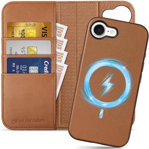 SHIELDON Wallet Case for iPhone 17e & 16e 6.1", Genuine Leather Wireless Charging Detachable Magnetic RFID Blocking Credit Card Holder Kickstand Cover Compatible with iPhone 16e - Saddle Brown