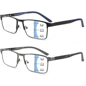2 Pack Multifocal Progressive Reading Glasses Men, Blue Light Multifocus Bifocal Readers for Mid and Near Range