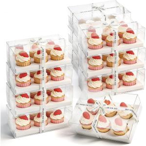 Cedilis 15 Pack Clear Cupcake Boxes, 6 Count Cupcake Containers with Gift Ribbon, Plastic Cupcake Carrier Holder for Treat Dessert Cookies Muffins Pastry Baby Shower Party