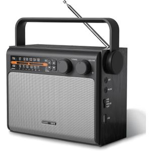 Portable AM FM Radio, Bluetooth Radio with Best Reception,Transistor Radio Plug in Wall or Battery Powered, Radio with Headphone Jack, USB, Aux in, Big Speaker, for Home Outdoor Gift (Black)