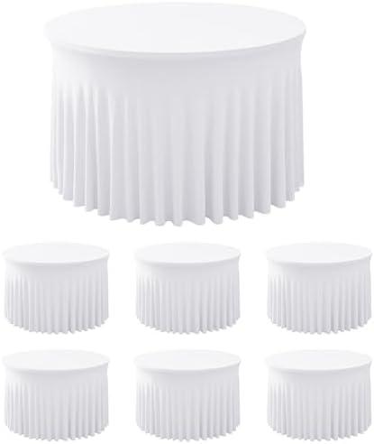 HolidayIdeas White Spandex Round Tablecloths for 60in Wedding Table, 5ft Fitted Stretch Table Skirts 120 Inch, Wrinkle-Free Ruffle Design Tablecloths for Banquets,Trade Shows, Parties, Events, 6 Pack