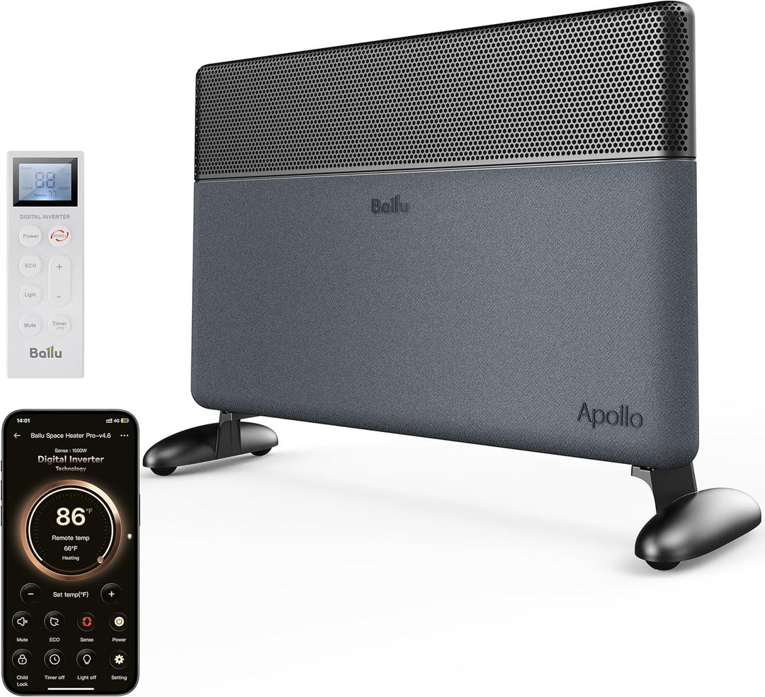 Ballu Convection Panel Space Heater for Large Room,Smart Quiet Heater with Programmable Thermostat,WiFi App Control,Inverter Energy Efficient for Indoor Use,Works with Alexa,Black