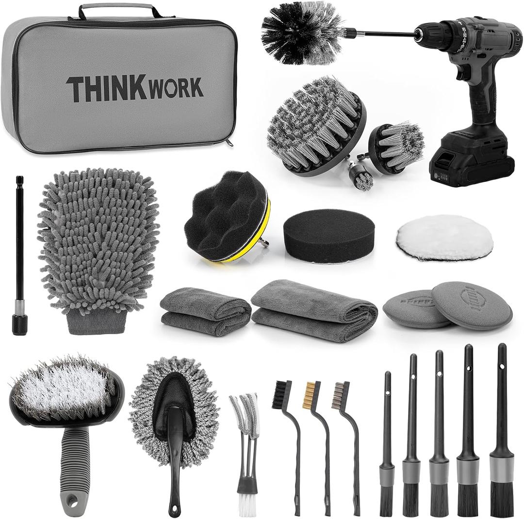 THINKWORK Car Detailing Kit, Car Detailing Brush Set, Car Cleaning Drill Brush Kit with Extension Pole, Professional Auto Detailing Supplies for Automobile Interior Exterior Wheels (27PCS)