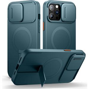 SURITCH for iPhone 13 Pro Max/12 Pro Max Case with Magnetic Camera Slide Cover and Adjustable Kickstand, Compatible with MagSafe, Shockproof Bumper Case Slim Protective Cover 6.7 Inch, Lake Green
