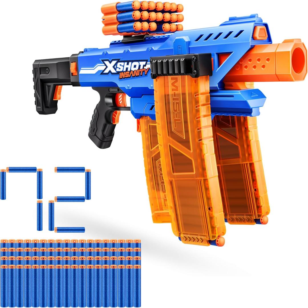 XSHOT Insanity Motorized Clip Mania Dart Blaster with 72 Darts - Air Pocket Technology, Auto Feeding Belt, Tripod & Scope, Outdoor Toy