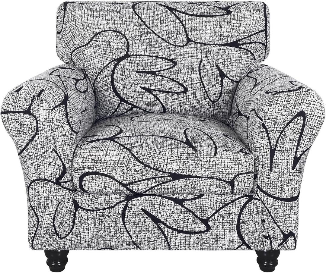 SearchI Stretch Sofa Cover Printed Couch Covers, Floral Pattern 2 Piece Armchair Slipcover with Separate Chair Cushion Cover, Washable Furniture Protector for Living Room(Armchair, Grey Lotus+White) (Small)