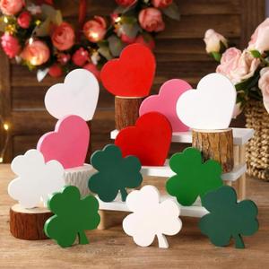 Qunclay 12 Pcs St. Patrick's Day and Valentines Wooden Decorations Heart Wood Sign and Shamrock Wooden Table Centerpieces Tiered Tray Decor for Home Kitchen Office