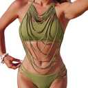 ZAFUL Women's Tassel Halter Bikini Set Metal Decor Cheeky Two Piece Swimsuit High Cut Bathing Suit (Green, S)