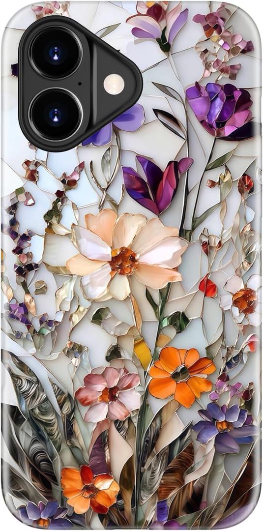 LUHOURI for iPhone 17 Case,Wireless Charging Compatible,Dual-Layer - Soft Silicone Inner + Hard Outer Shell,Cute Wildflower Design,Protective Phone Cover for Women - Marble Pressed Flowers