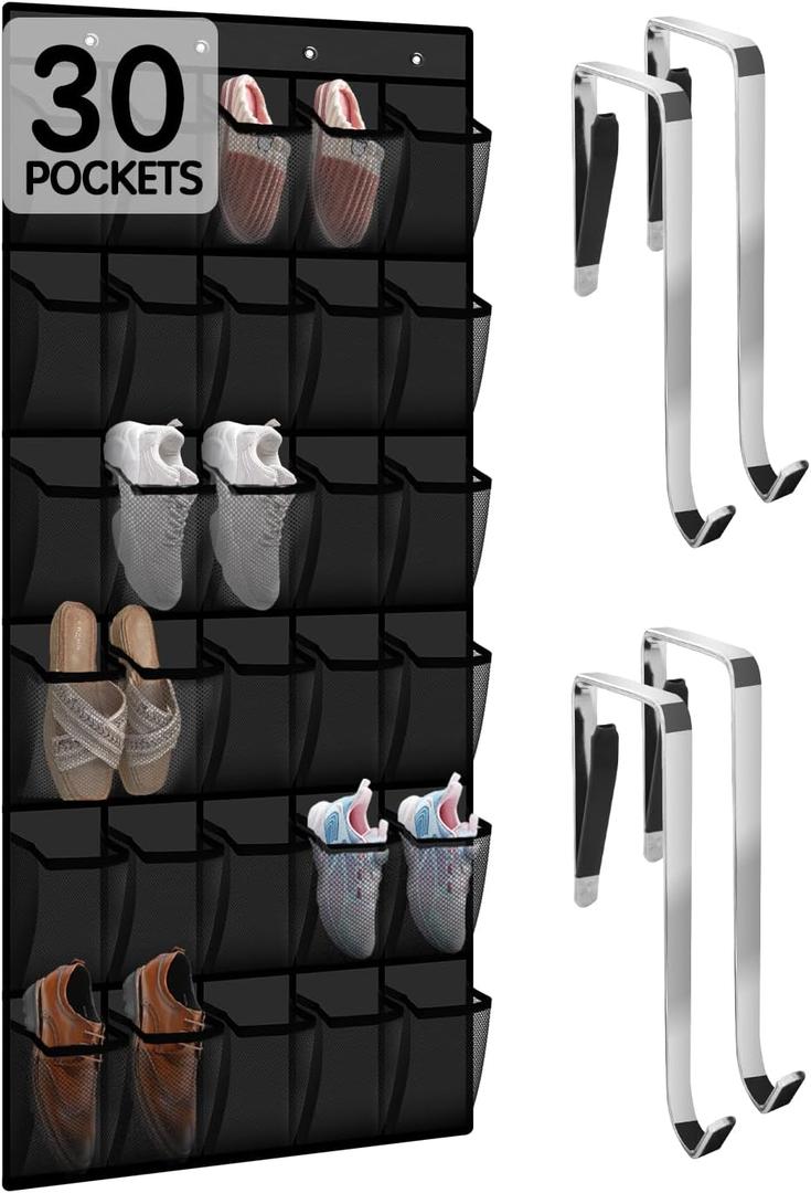 Kotkn Over the Door Shoe Organizer with 30 Breathable Mesh Pockets - Large Capacity Closet Storage for Men & Women, Hanging Shoe Rack Organizer (Solid black)
