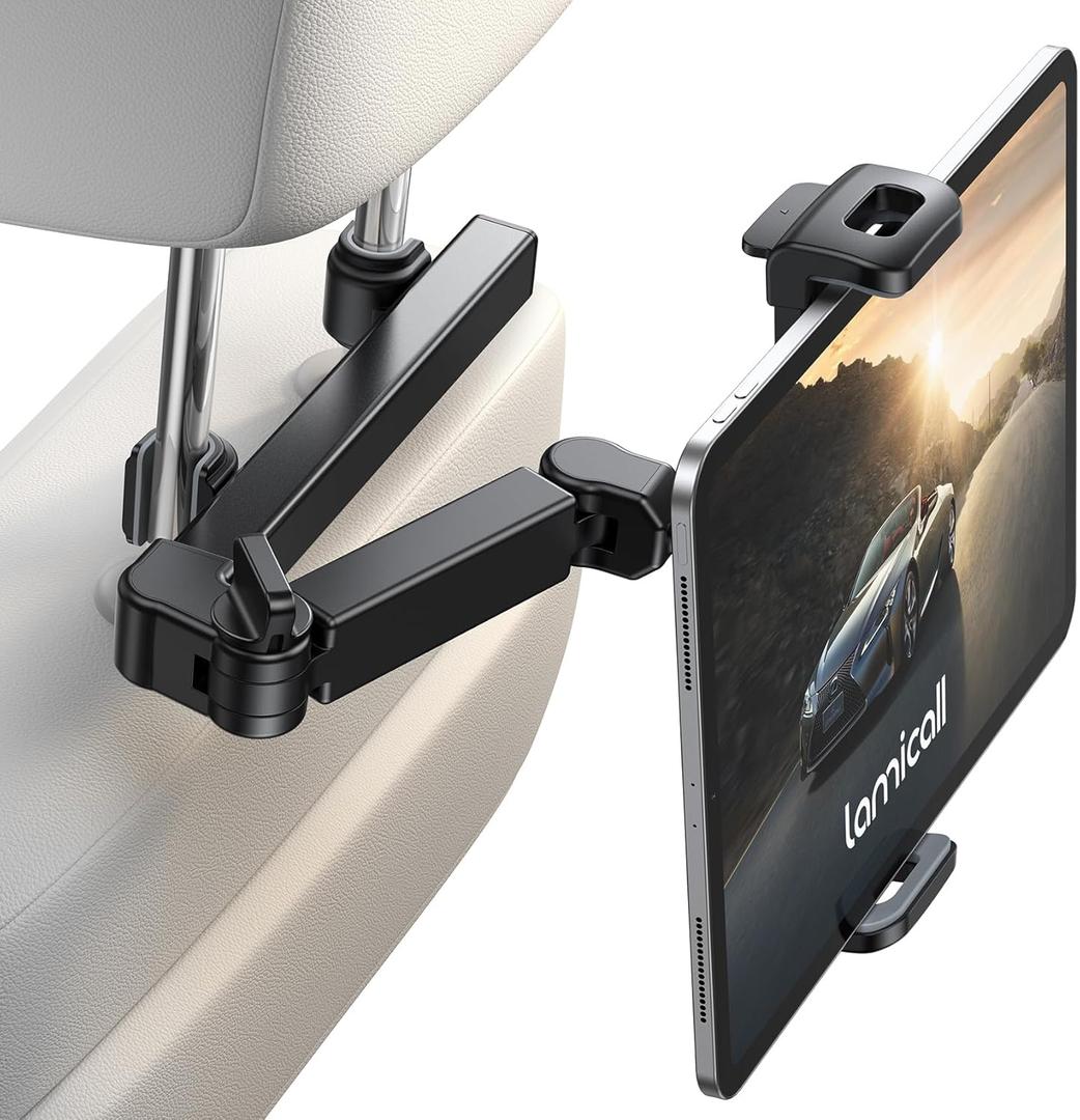Lamicall Car Headrest Tablet Holder - [3 in 1 Extension Arm] Adjustable Tablet Car Mount for Back Seat, Road Trip Essentials for Kids, for 4.7-11" Device Like iPad Pro, Air, Mini, Galaxy, Fire, Black