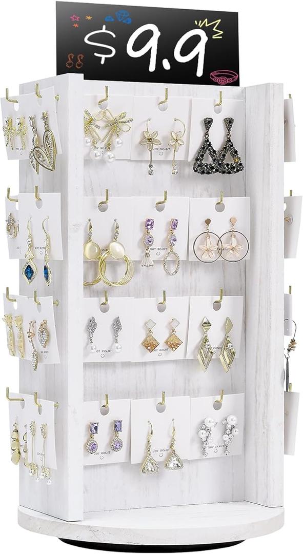 Pinzoveco Rotating Earring Display Stands for Selling with Adversitsing Board, Real Wood Jewelry Display Stand for Vendors, Large Capacity Earring Cards for Selling Rack Holder (Weathered White)