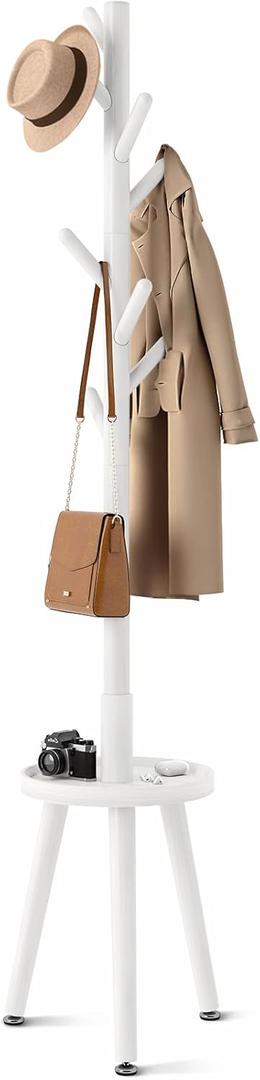 GREENSTELL Coat Rack with 8 Hooks, Wooden Coat Rack Freestanding with Shelf, Coat Tree with 4 Height Options 50.5"-72.6", Coat Hanger Stand for Bags, Clothes, Umbrellas, Hats, in Home, White