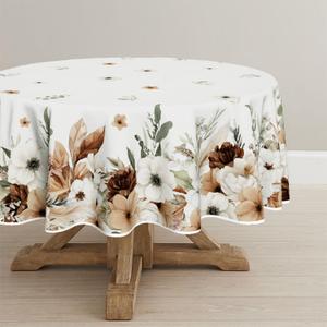 Horaldaily Spring Tablecloth 90×90 Inch Round, Boho Naturalistic Style Brown Flower Washable Seasonal Table Cover for Party Picnic Dinner Decor
