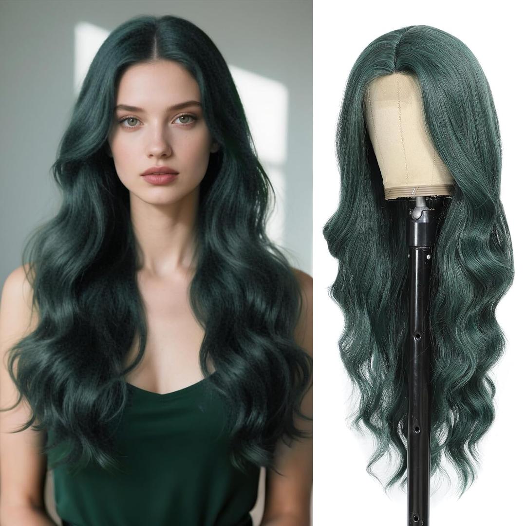 Long Green Wavy Wig for Women 26 Inch Dark Green Middle Part Curly Synthetic Hair Wig Natural Look Heat Resistant Fiber for Daily Party Use