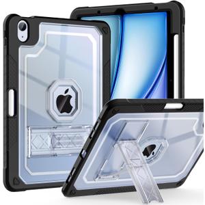 ZoneFoker for iPad Air M3 11 Inch 7th Case 2025, for iPad Air M2 6th/ 5th/ 4th 11-inch Case 2024/ 2022/ 2020, Clear Slim Heavy Duty Shockproof Cover with Pencil Holder Kickstand, Black