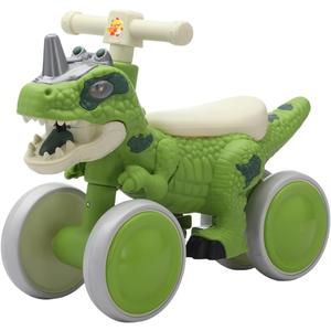 Dinosaur Balance Bike for 1-3 Year Olds, 4-Wheel No-Pedal Bike for Walker, Ride on Toys for Toddlers with Music and Mist Spray, First Birthday Gift for Boys & Girls (Green)