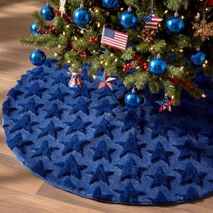 Civaner 4th of July Patriotic Tree Skirt 36 Inch 250th Anniversary Blue Stars Soft Plush Faux Fur Jacquard Summer Trees Skirts for Independence Memorial Day Xmas Trees Holiday Decoration