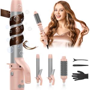 Rotating Curling Iron Set, Automatic Curling Wand for Long Hair, Easy to Use Hair Curler Get Effortless Beach Waves, 3 Sizes Ceramic Barrel 1/1.25/1.5 Inch to 410F with Home Button, Dual Voltage (Pink)