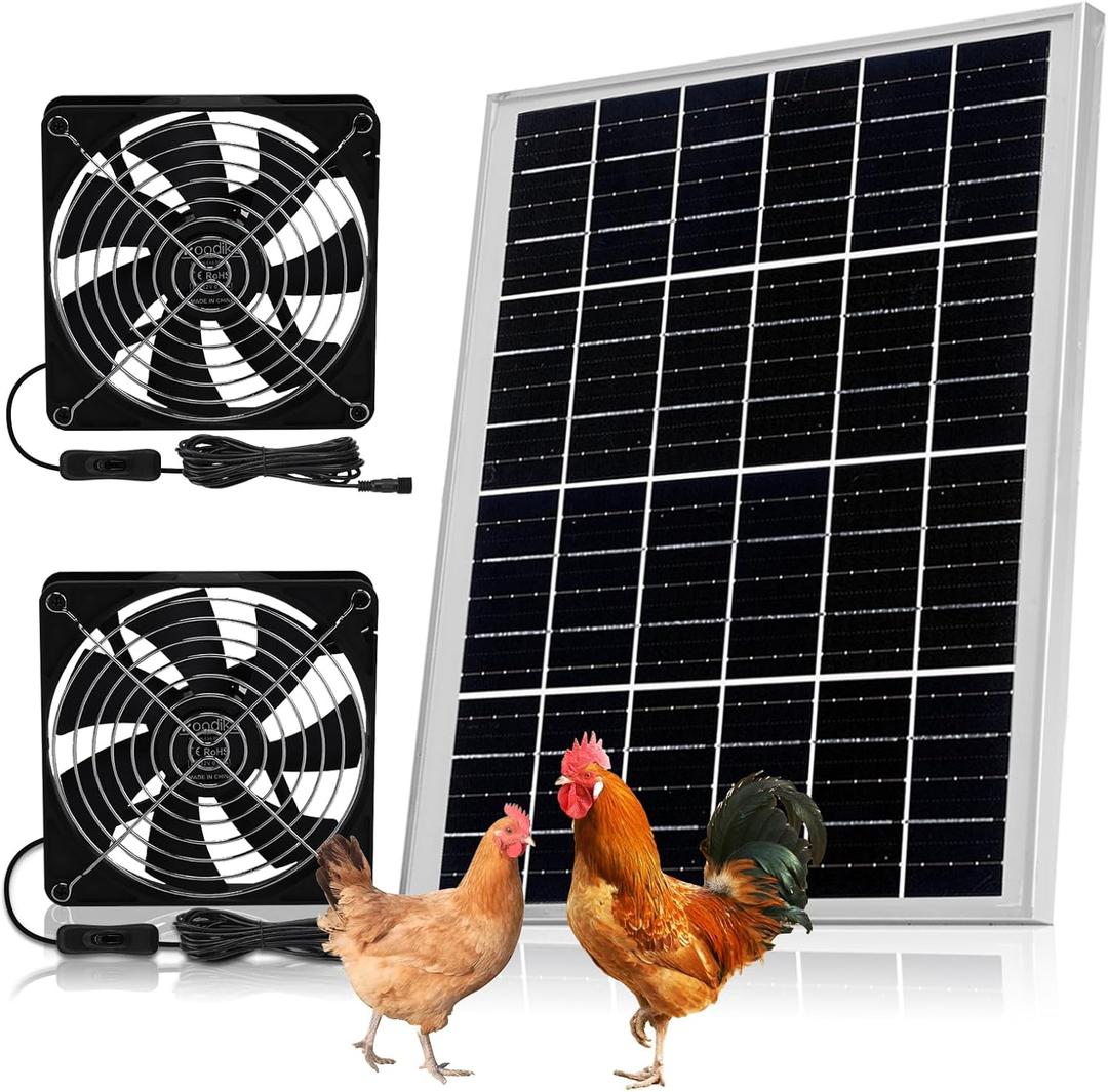 5.5" Bigger Solar Dual Fan Kit, 25W High Velocity Solar Powered Fans for Chicken Coop Greenhouse Shed, DIY Intake or Exhaust Air with IP67 Waterproof for Outdoor, 3500RPM Fan Speed