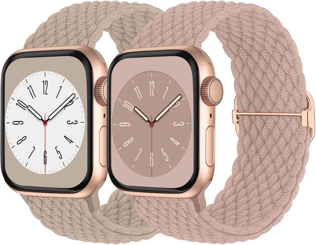 Braided Solo Loop Compatible with Apple Watch Band 38mm 40mm 41mm 42mm 44mm 45mm 46mm 49mm Women Men, Adjustable Stretchy Bands Elastic Sport Strap for iWatch Series 11 10 9 8 7 6 5 4 3 2 SE Ultra 3 2 (Milk Tea/Pink)