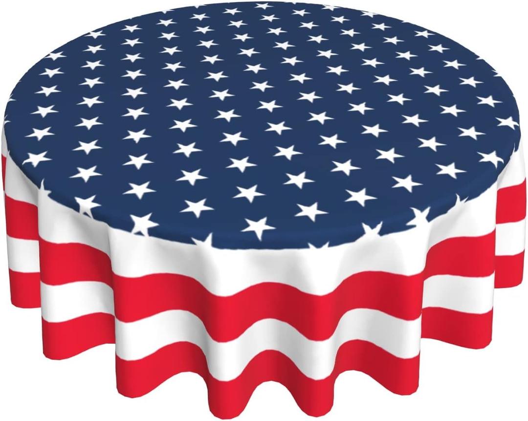 Patriotic Tablecloth Round 60 Inch 4th of July Table Cloth Washable Spillproof Wrinkle Free Blue Red White Independence Day Holiday Fabric Table Cover for Indoor Outdoor Kitchen Dinning Round Tables