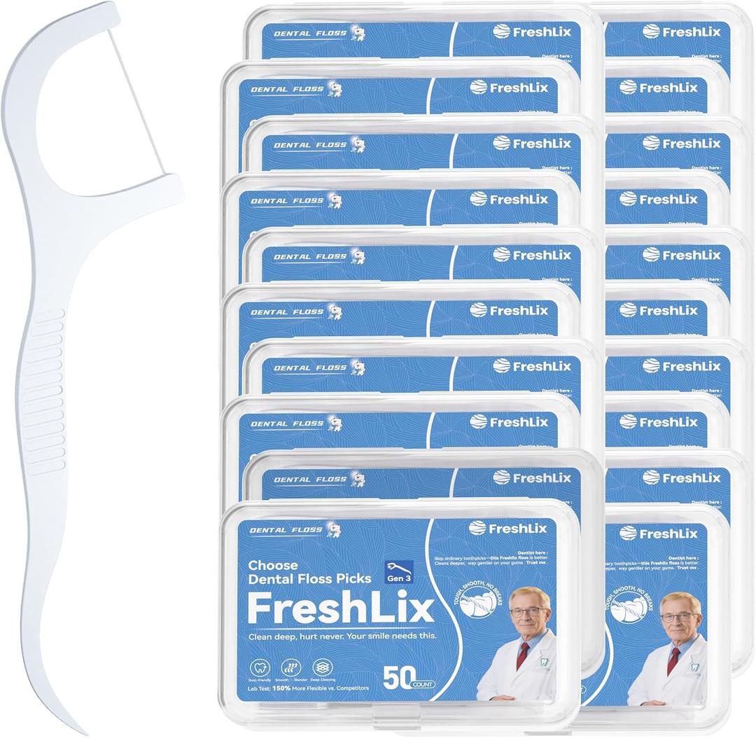 FRESHLIX Dental Floss Picks 1000 Count Tooth Picks Flossers Gen 3 Toothpicks Sticks to Remove Plaque & Protect gingivae for Adults & Kids Teeth Cleaning