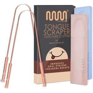 MasterMedi Tongue Scraper with Case Easy to Use Tongue Scraper for Adults, Tongue Cleaner for Oral Care & Hygiene (Copper Set of 2 (with Travel Case))