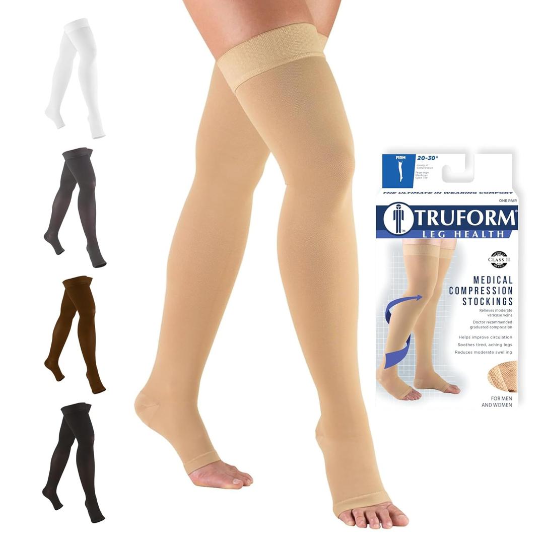 Truform 20-30 mmHg Compression Stockings for Men and Women, Thigh High Length, Dot-Top, Open Toe, Beige, Large (Large (1 Pair))