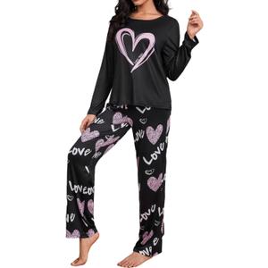 OYOANGLE Women's Pajama Sets 2 Piece Heart Printed Soft Pjs Long Sleeve Tops and Pants Sleepwear Sets (Black) Small