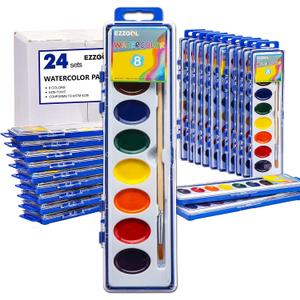 Ezzgol Watercolor Paint Sets Bulk Pack of 24, 8 Colors Washable Paint Sets for Kids, Quality Water Color Wooden Brushes, Perfect for Preschool Classroom
