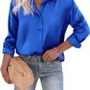 Chigant Women's Blouse Satin Silk Shirts Button Down Shirts Casual Loose Long Sleeve Office Work Tunic Tops (X-Large, Royal Blue)