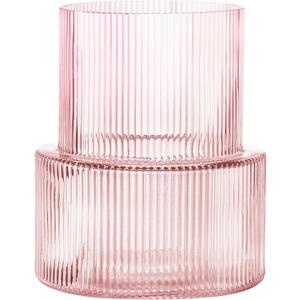 Pink Glass Vase, Ribbed Glass Vase for Tulips, Flower Vases for Bouquet, Pink Modern Vases for Living Room, Dining Table, Entryway, Mantle, Shelf, Wedding, Office, 7.5 Inches