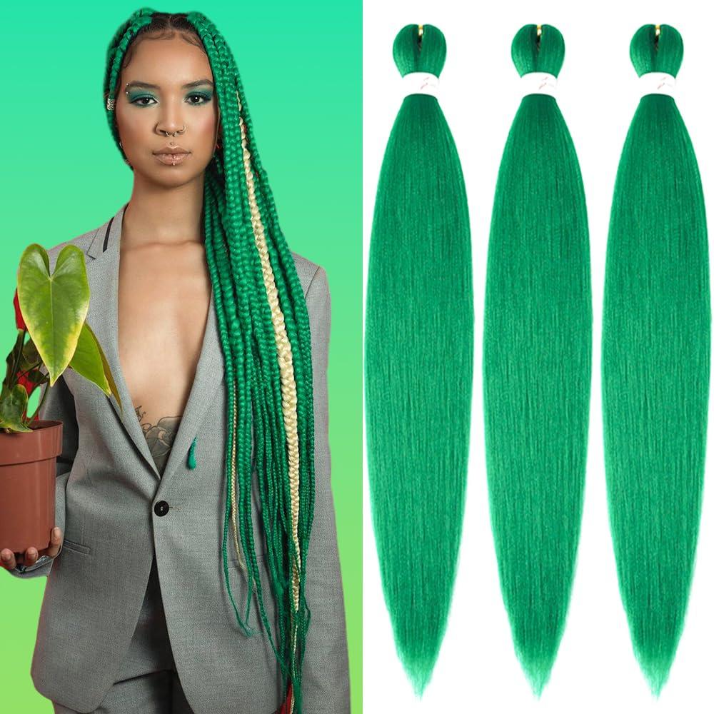Green Braiding Hair 32 Inch Braiding Hair Extensions Yaki Braids Hair Hot Water Setting Synthetic Hair Colored Braiding Hair Pre stretched Crochet Hair(32Inch,3 Packs,Green#)