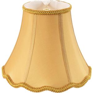 Golden Bell Scalloped Lampshade, 7" Top x 14" Bottom x 10" Vertical Height, Solid Lamp Shade Replacement with Brass Harp Set for Table Lamp, Double Layer Polyester Fabric Lamp Cover, Pack 1