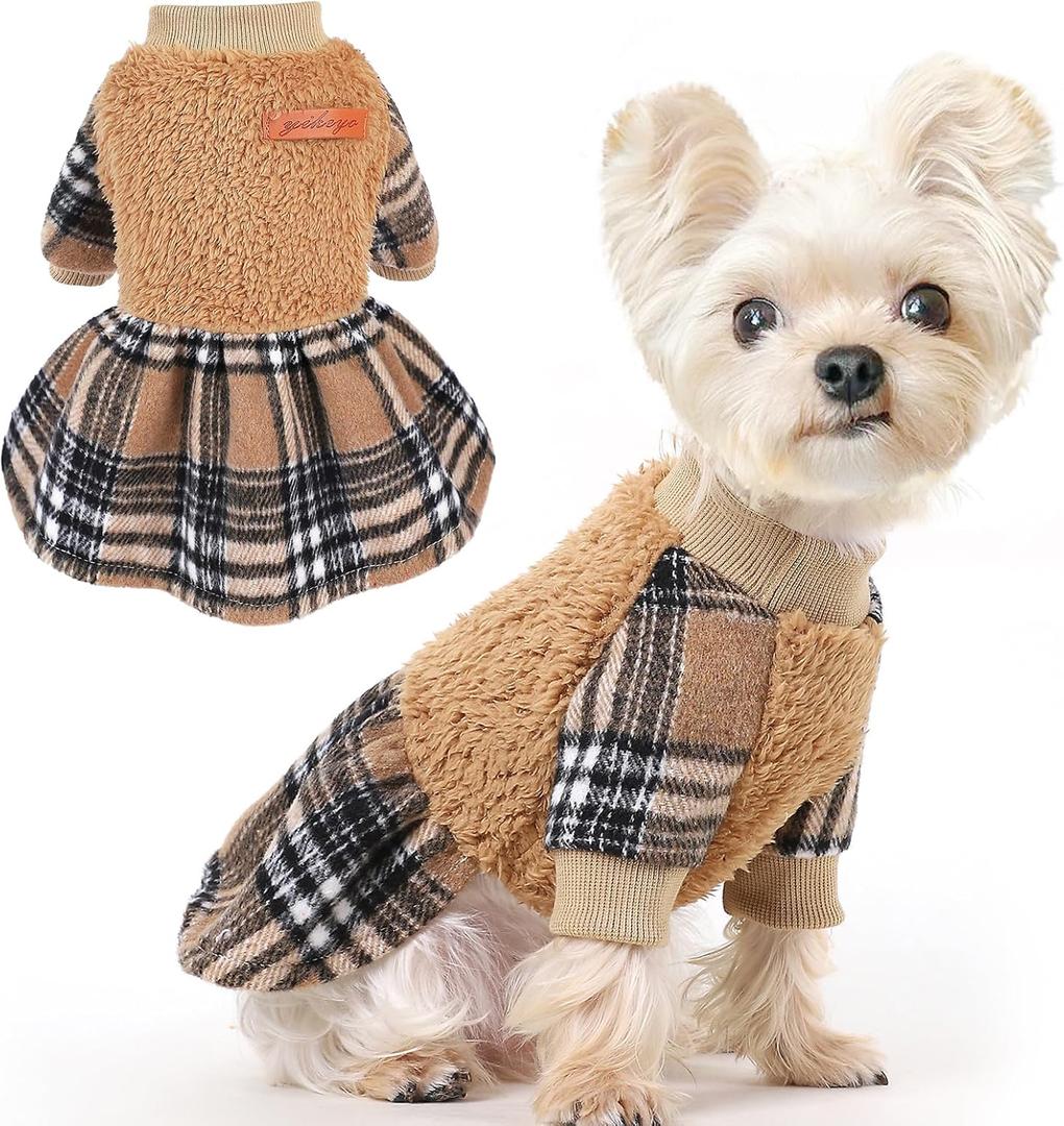 Dog Sweater Dog Winter Clothes for Small Dogs Boy Girl Fall Puppy Dress Warm Fleece Chihuahua Yorkie Teacup Doggy Sweaters Dresses for Small Dogs Girl Cat Outfits, Brown Plaid, Size: Small (Chest 15in )
