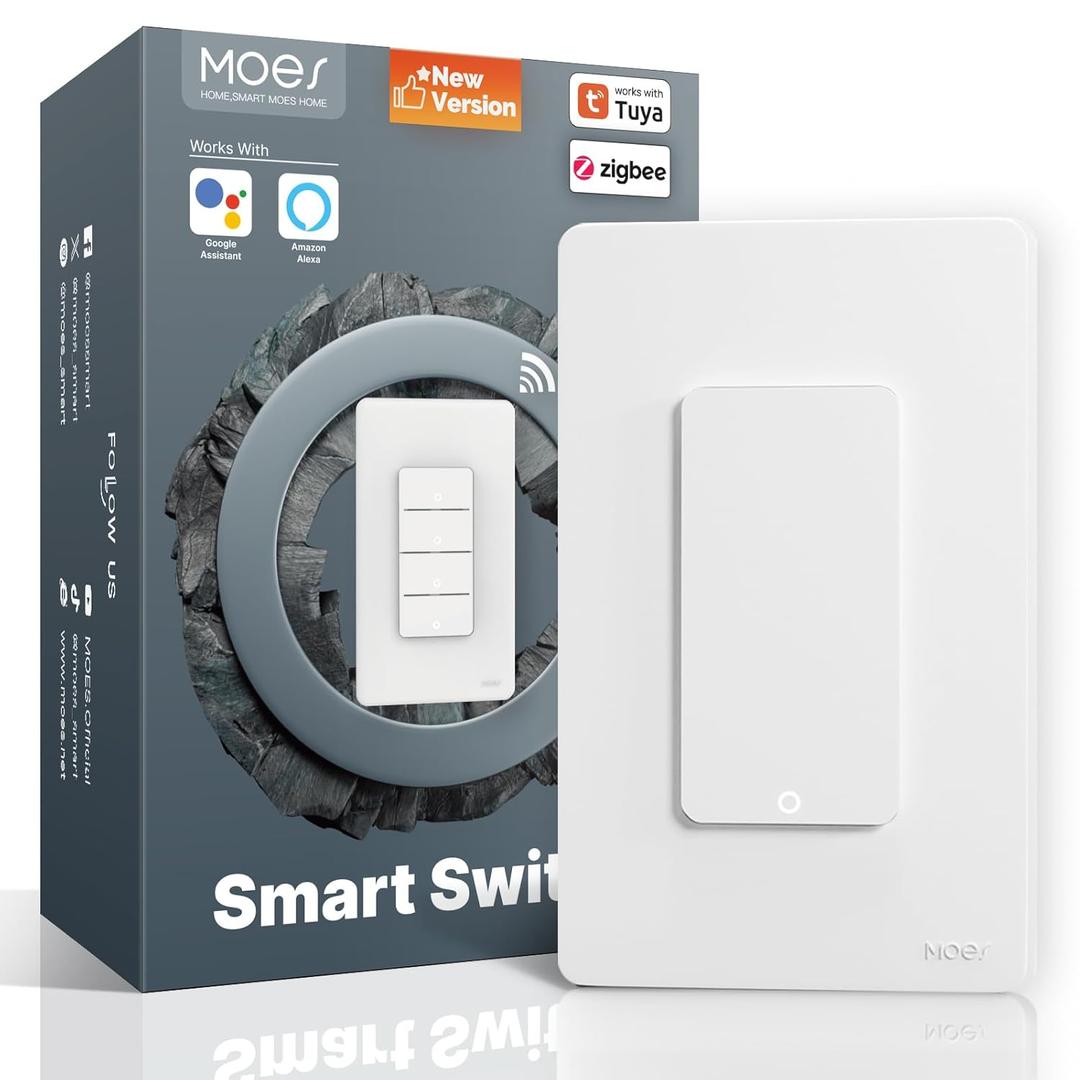 MOES 2nd Generation Zigbee Smart Switches, No Neutral Wire, Require MOES Zigbee Hub Inteligente Single Pole Light Switch, Compatible with Alexa Google Assistant, Support Tuya Smart Life (1 Gang Switch)