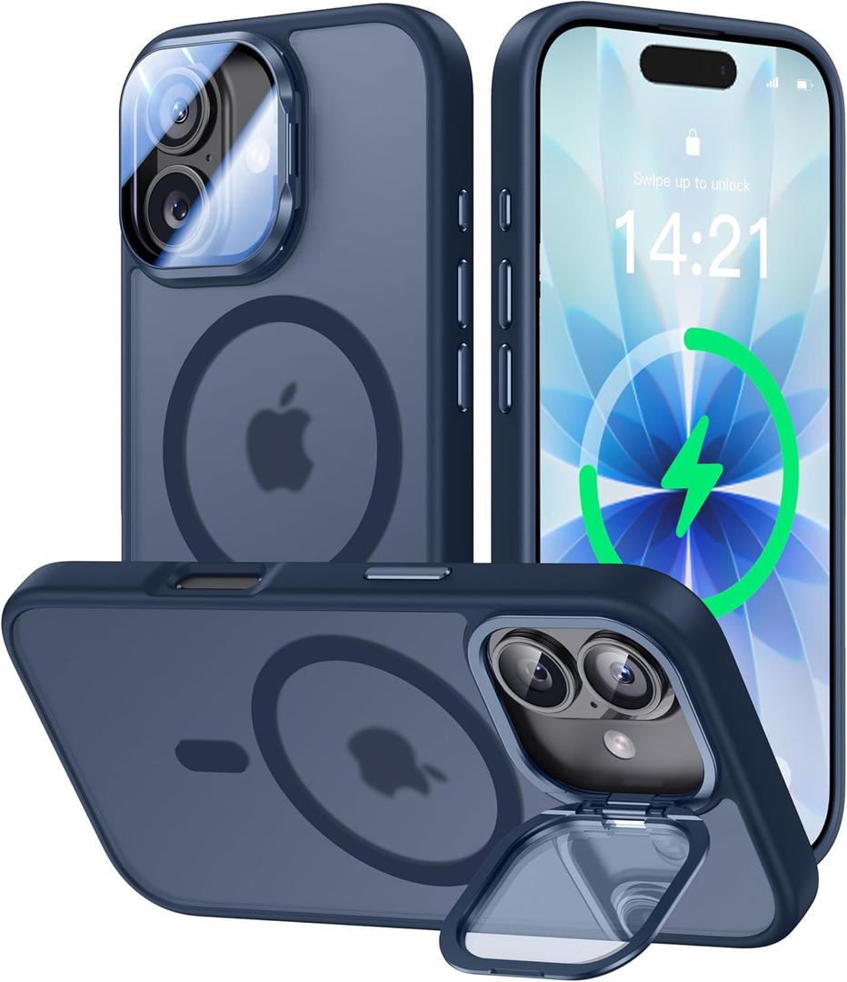 VOFATA [Upgraded Full Camera Protection] for iPhone 17 Case with Camera Cover Stand [Fit for MagSafe][10FT Mil-Grade Protection] Translucent Magnetic iPhone 17 Phone Case, Blue